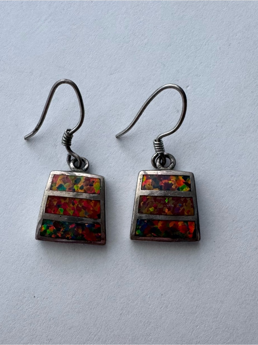 Vintage Sterling Silver Multi-Color Simulated Fire Opal Inlay Drop Earrings